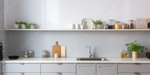 Modern stylish Scandinavian kitchen interior with kitchen accessories. AI Generative.