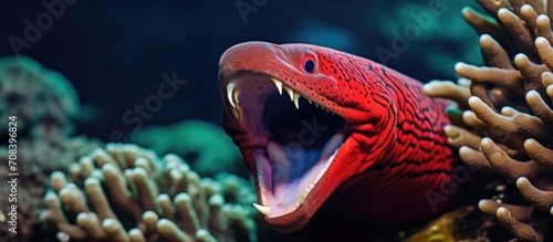 A photo of an open-mouthed moray eel in the Red Sea's coral reef. photo