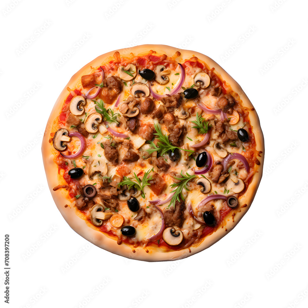 Tasty pepperoni pizza. Top view of hot pepperoni pizza. Flat lay. Isolated on Png background.