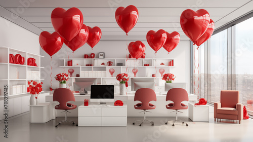 large spacious office with balloons in the shape of red hearts photo