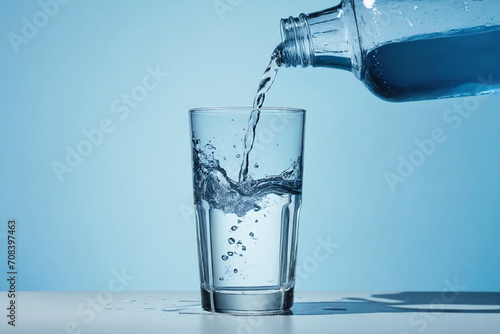 Water being poured into a glass placed against a wet light blue backdrop