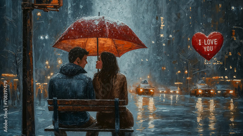Romantic Couple Under Red Umbrella on Rainy City Evening