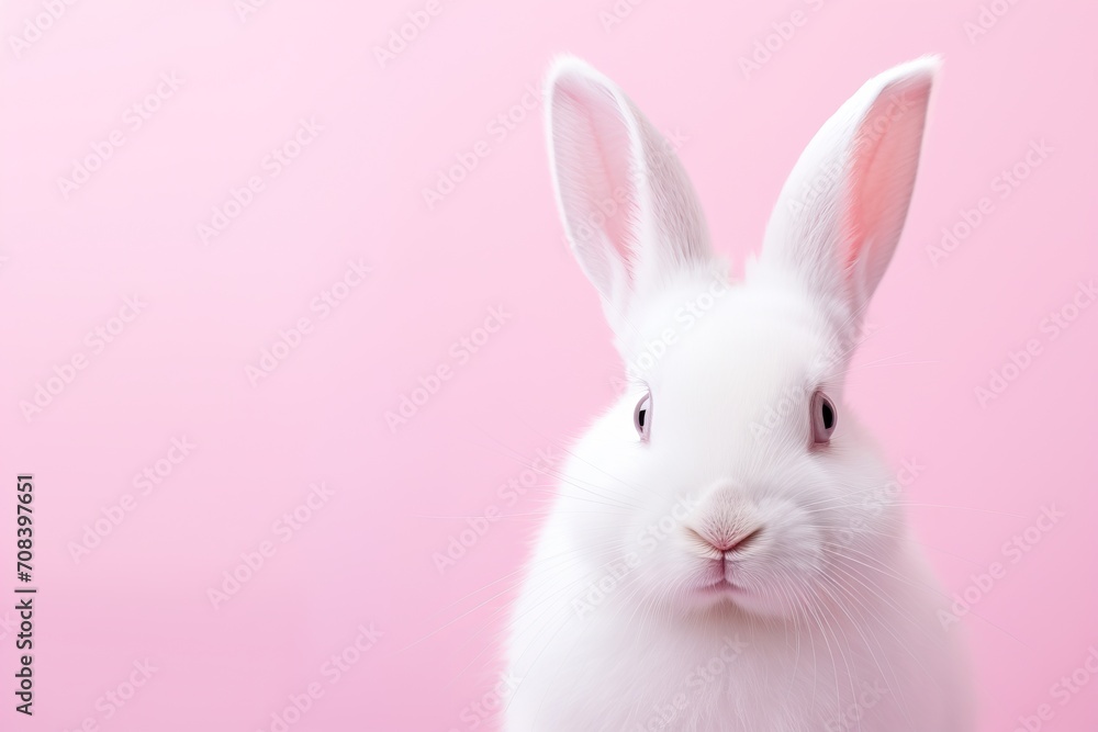 White rabbit pick up on a light pink background with copy space. Easter minimalistic concept with copy space. Cute pet for background, poster, print, design card, banner, flyer