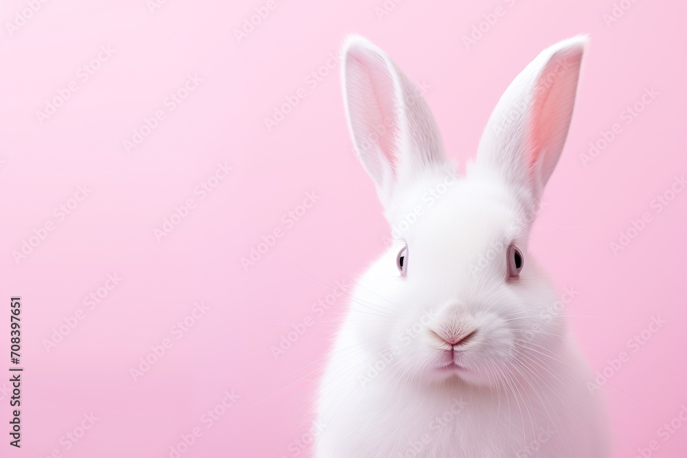 White rabbit pick up on a light pink background with copy space. Easter minimalistic concept with copy space. Cute pet for background, poster, print, design card, banner, flyer White rabbit pick up on a light pink background with copy space. Easter minimalistic concept with copy space. Cute pet for background, poster, print, design card, banner, flyer