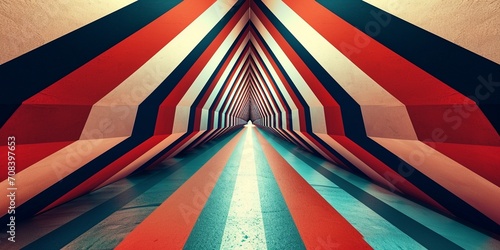 An abstract composition inspired by optical illusions, with intersecting lines and shapes that create a sense of movement. Focus on high contrast and bold colors. photo