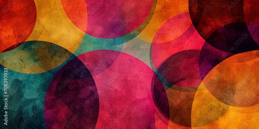 An abstract pattern created with overlapping circles and vibrant colors. Experiment with different transparencies and blending modes to achieve a layered effect. - obrazy, fototapety, plakaty 