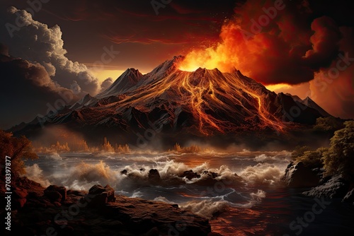 large volcanic eruption with a large release of smoke and ash, at the foot of the volcano city, river, natural disaster, Generative AI