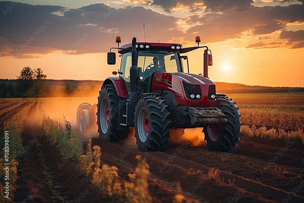 Fototapeta premium tractor on a country road in a village against the backdrop of a house and sunset. Illustration for cover, interior design. AI generativ.