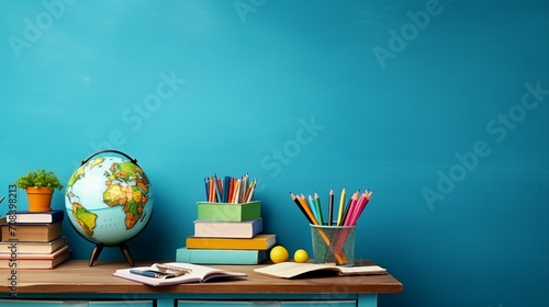 Captivating Side View Photo of a Learning Haven: Desk with Pencils, Books, and Teddy-Bear Schoolbag Against a Blue Wall Backdrop