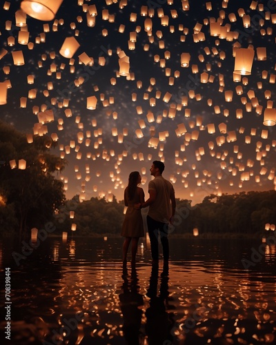 Young couple standing under sky filled with lanterns