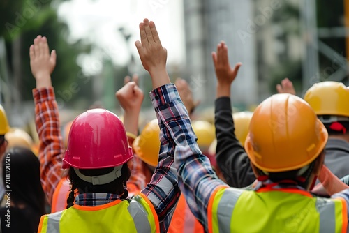 ack view of construction workers raising hand