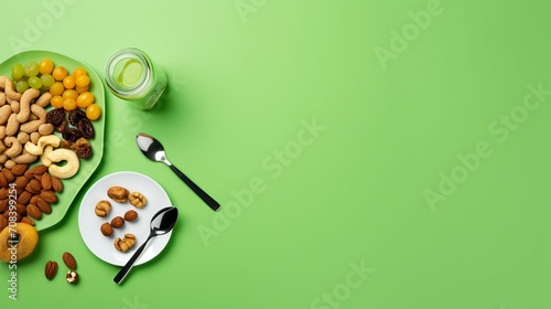 Balanced Lifestyle: Top View of Colorful Plates with Fresh Fruits, Vegetables, and Dumbbells on a Green Background, Promoting Wellness and Proper Diet.