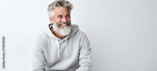 Mature man with gray hair smiling wearing casual hoodie. Casual style and confidence. © Postproduction