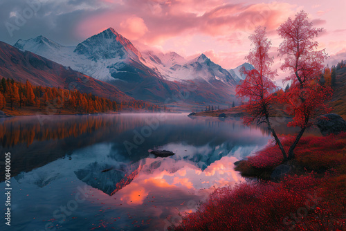 Pink Sky And Mirror Like Lake At Sunset In Red