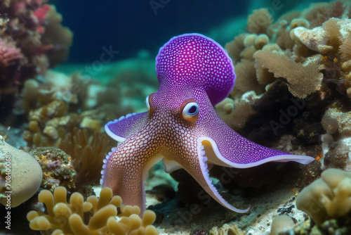 lila Tintenfisch auf dem Meeresboden am KOrallenriff . KI Generated
