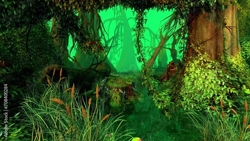 Rainforest And Swamp. Animation on the theme of nature and ecology, tourism and 3D graphics, plants and climate.