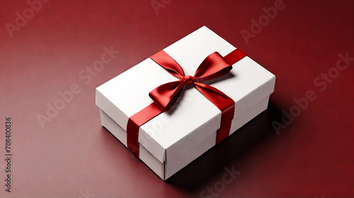Blank white gift box open or top view of white present box tied with red ribbon bow isolated on dark red background with shadow minimal conceptual 3D rendering