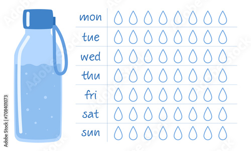 Water tracker. Drink more water. Drinking water checklist. Water bottle. Vector illustration in flat doodle style 