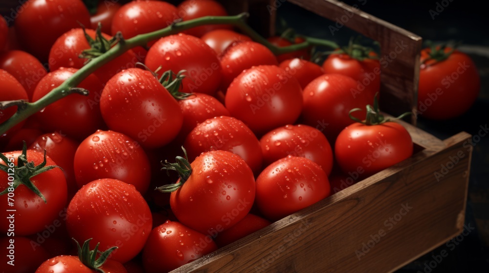 Close-up realistic photo capturing a box filled with juicy red tomatoes Generative AI Close-up realistic photo capturing a box filled with juicy red tomatoes Generative AI