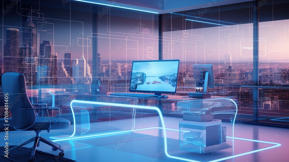 A sleek modern office space illuminated by ambient blue neon lighting, showcasing a minimalist design. A sleek modern office space illuminated by ambient blue neon lighting, showcasing a minimalist design.