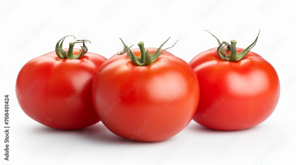 Close-up realistic photo of three plump, ripe tomatoes on a white background Generative AI Close-up realistic photo of three plump, ripe tomatoes on a white background Generative AI