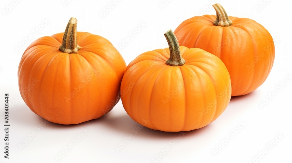 Close-up realistic photo showcasing three bright orange pumpkins on a white background Generative AI Close-up realistic photo showcasing three bright orange pumpkins on a white background Generative AI