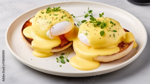 Eggs Benedict, poached eggs on English muffin halves, topped with hollandaise sauce, presented on a white plate, top view, elegant brunch setting Generative AI