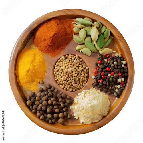  Round wooden plate with various spices - isolataed photo