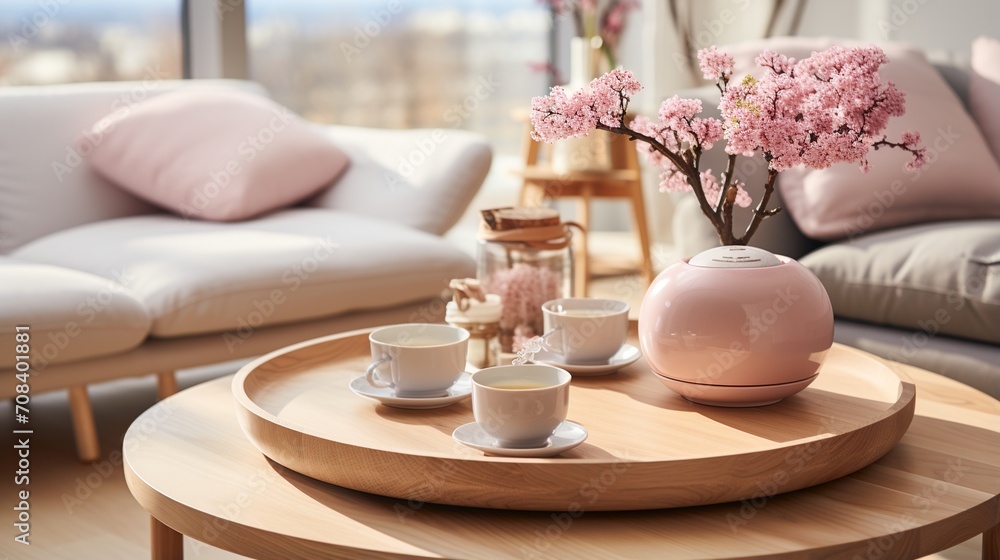 Elegant living room interior with pink blossom branches in vase on table