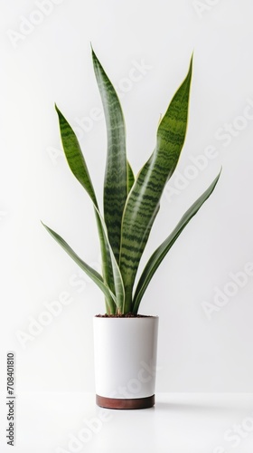 Stock image of a Snake Plant on a white background, tall and slender leaves, minimalist and elegant Generative AI