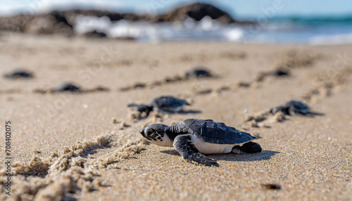 Sea turtle hatchlings on the sand beach get to the sea safely leaving