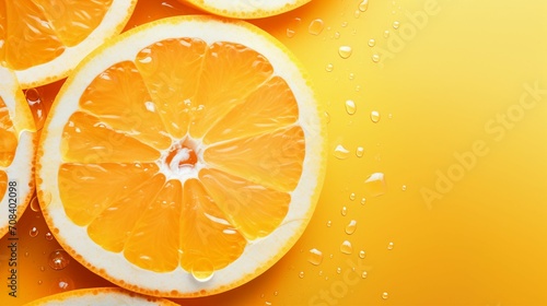 Vibrant Summer Citrus: High-Angle View of Juicy Orange Slices on a Table with Blank Space for Text – Tropical Freshness in Sunny Concept