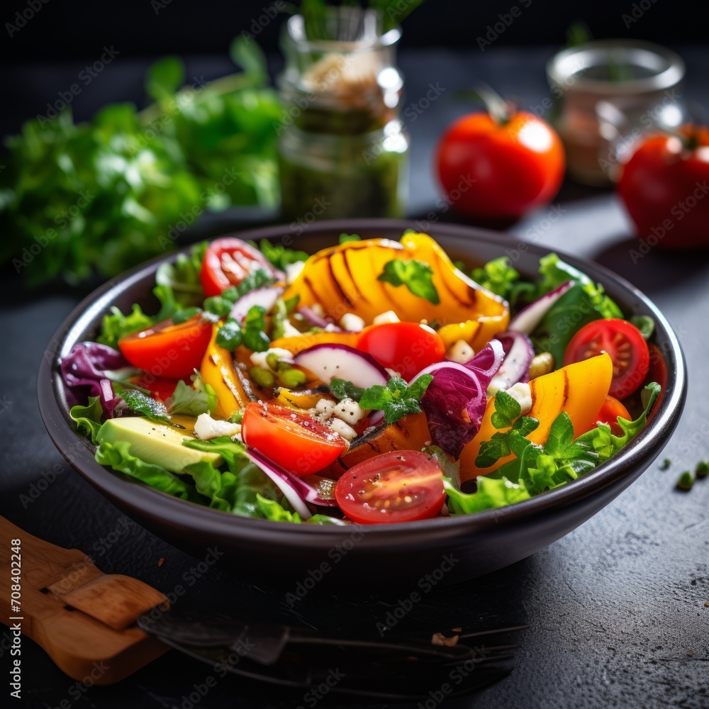 Stock image of a healthy salad bowl with fresh vegetables, vibrant colors, and appetizing presentation Generative AI