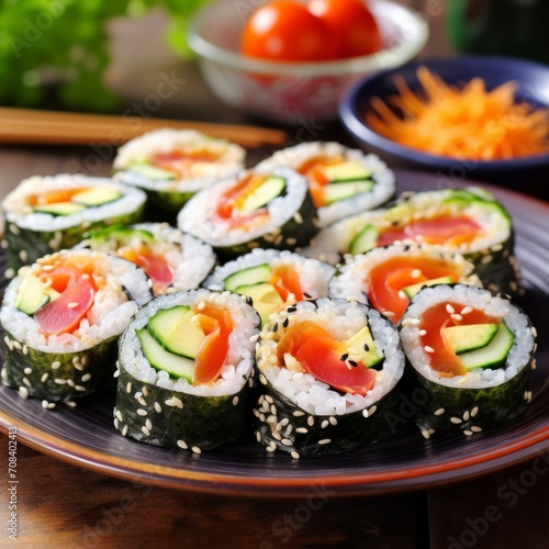 Stock image of a plate of colorful vegetable sushi rolls, nutritious and delicious Japanese cuisine Generative AI