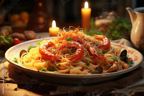Italian homemade pasta with fresh seafood  spaghetti with shrimp and mussels  traditional Italian food