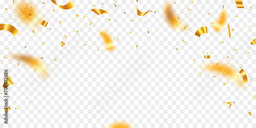 Celebration confetti vector. Shiny glossy gold paper pieces fly and scatter around. Best surprise burst for festive, carnival, casino, party, birthday and anniversary decoration. ads. etc. photo