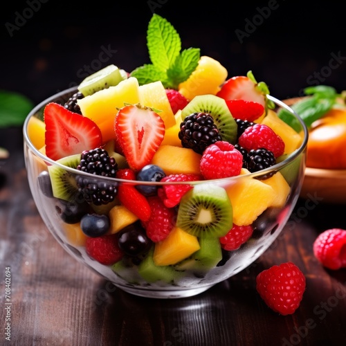 Stock image of fresh fruit salad in a bowl, colorful and nutritious dessert or snack Generative AI