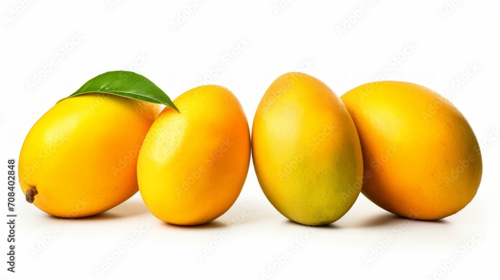 vibrant yellow mangoes captured in a close-up realistic photo on a white background Generative AI vibrant yellow mangoes captured in a close-up realistic photo on a white background Generative AI