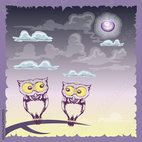 couple owl vetro illustration on dark blue of the night background © djapart