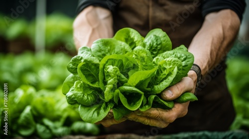 close-up of a man's hands holding a pile of lettuce leaves, harvesting in a greenhouse Generative AI