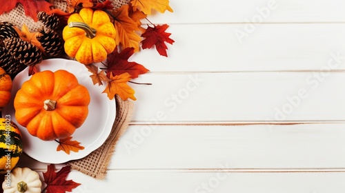 Thanksgiving Feast  Top-View Vertical Photo of Festive Dinner Table with Pumpkins  Raw Vegetables  and Rustic Decor on White Wooden Background - Autumn Celebration Concept