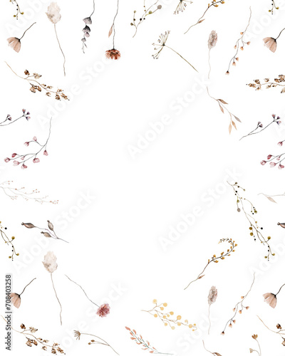 Fototapeta Naklejka Na Ścianę i Meble -  Frame with watercolor autumn wild flowers and leaves, Brown and beige wedding illustration