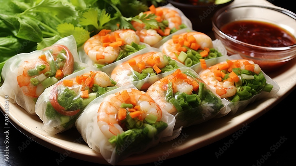 Fresh and healthy Vietnamese spring rolls with vegetables and shrimp Fresh and healthy Vietnamese spring rolls with vegetables and shrimp