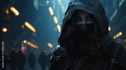 Futuristic mysterious female ninja cyberpunk AI generated image photo