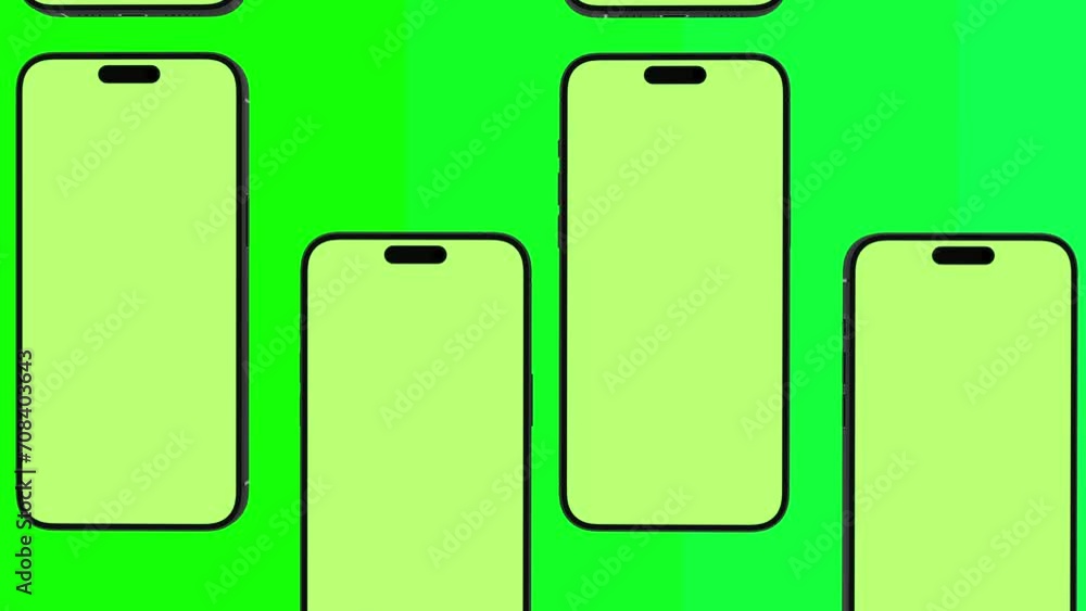 Mobile Phone Pattern with Green Screen on green background with alpha channel flat lay . Group of Smartphone Moving Vertically. Brand Identity, Business Cells Advertising and Social Posts