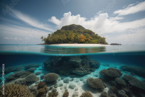  Tropical island in the ocean with coral reefs and fish