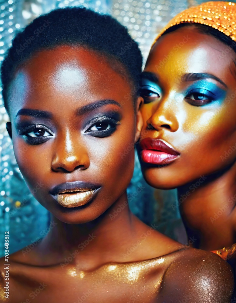 Two Beauty Models with stylized makeup in an array of bold metallic colors 
