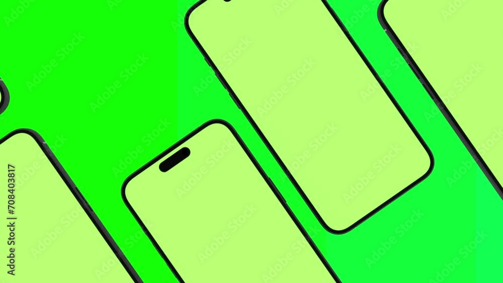 Mobile Phone Pattern with Green Screen on green background with alpha channel flat lay . Group of Smartphone Moving Vertically. Brand Identity, Business Cells Advertising and Social Posts