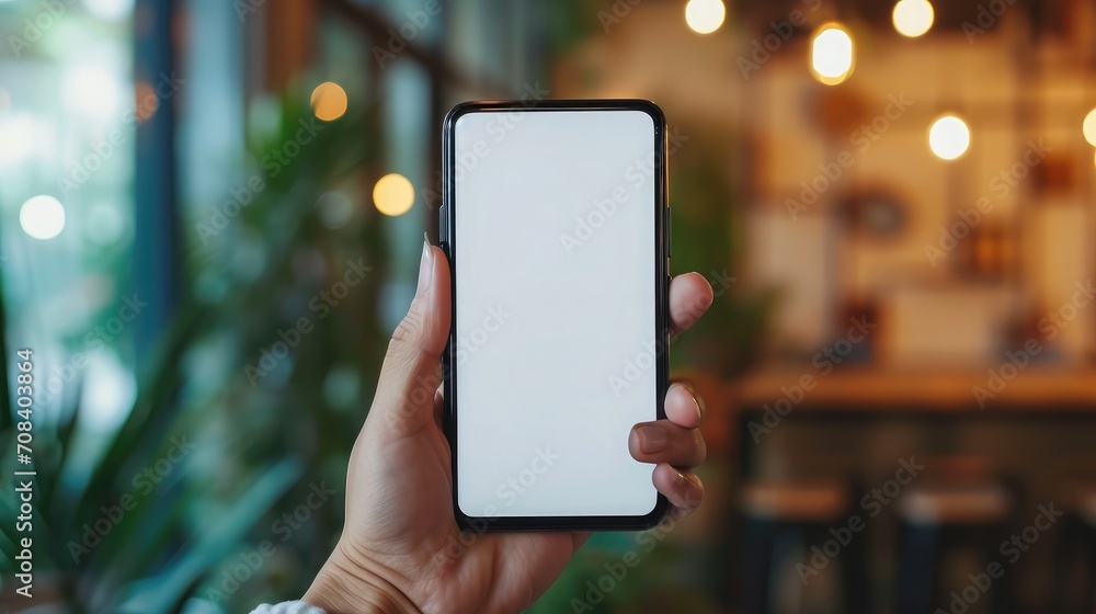 hand holding smartphone showing white screen mobile app advertisement and excited hand holding smartphone showing white screen mobile app advertisement and excited