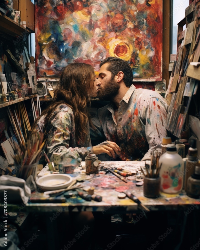 Artists kissing in their studio Artists kissing in their studio